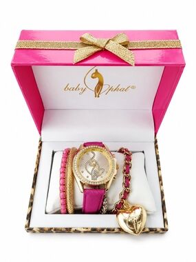 Baby Phat Pink & Gold Rhinestone Watch Bracelet Set In Box